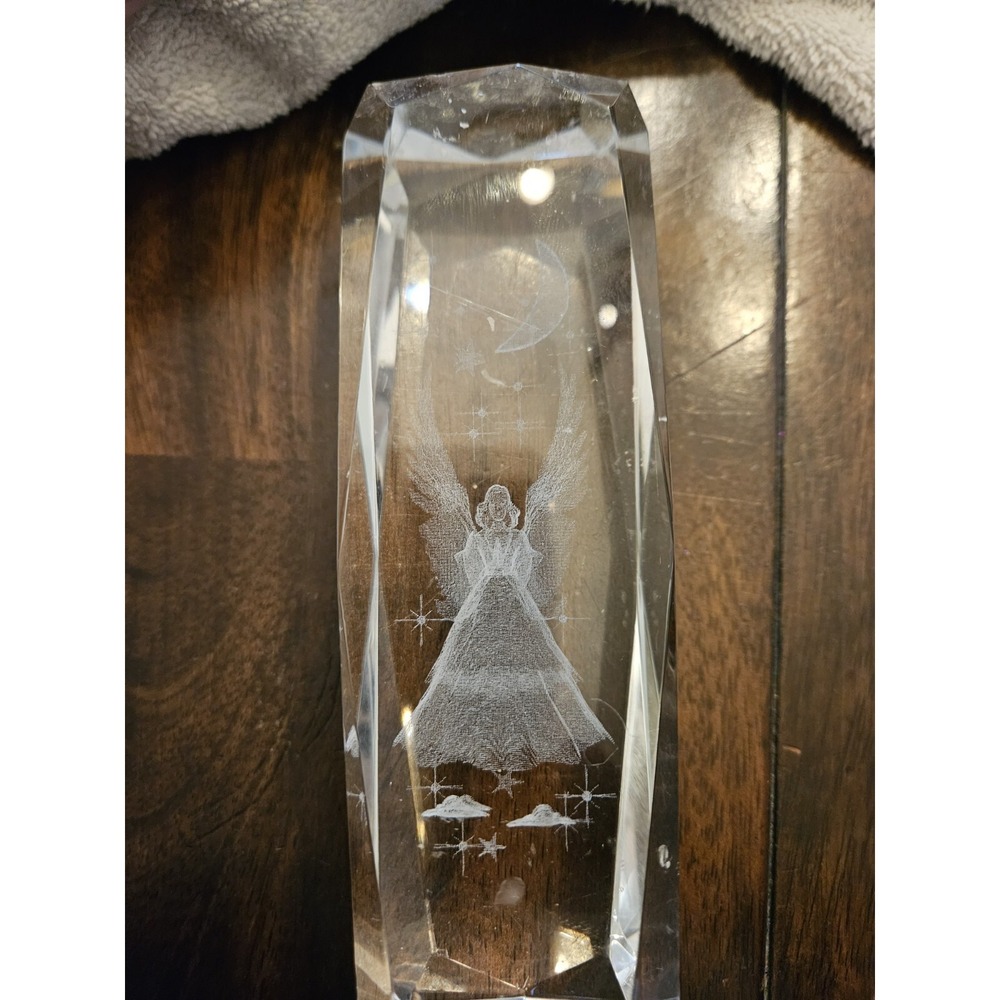 Angel Moon Stars Paperweight Clear Crystal Cube 3D Laser Etched Glass 6 Inch